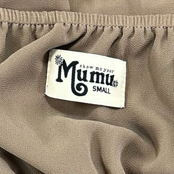 SHOW ME YOUR MUMU HEATHER CHIFFON HALTER DRESS GOWN SZ S TAN STRETCH LAYERED - Picture 8 of 10